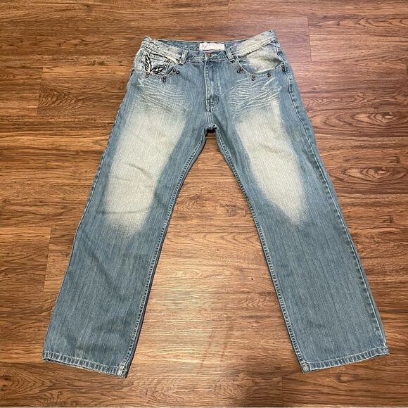 Vintage AKOO Faded Distressed Jeans Embroidered Feather Leaf Pocket Detail 38 - Picture 2 of 16